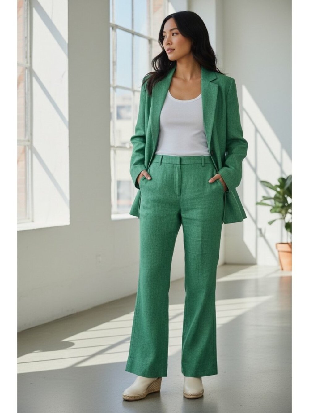 J.CREW Hayden Linen Kick Flare Trousers Pants Women 10 Tall Green Classic Office